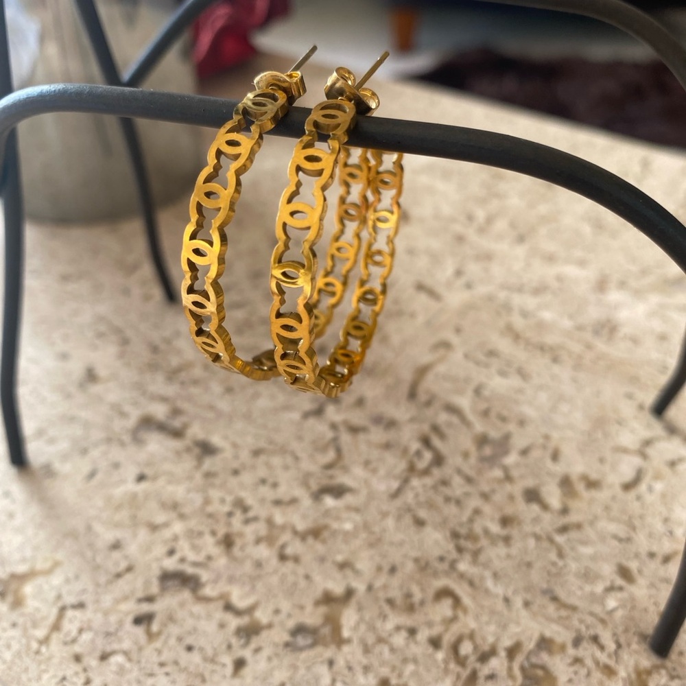Elegant CC Gold Hoop Earrings 1.5” NEW